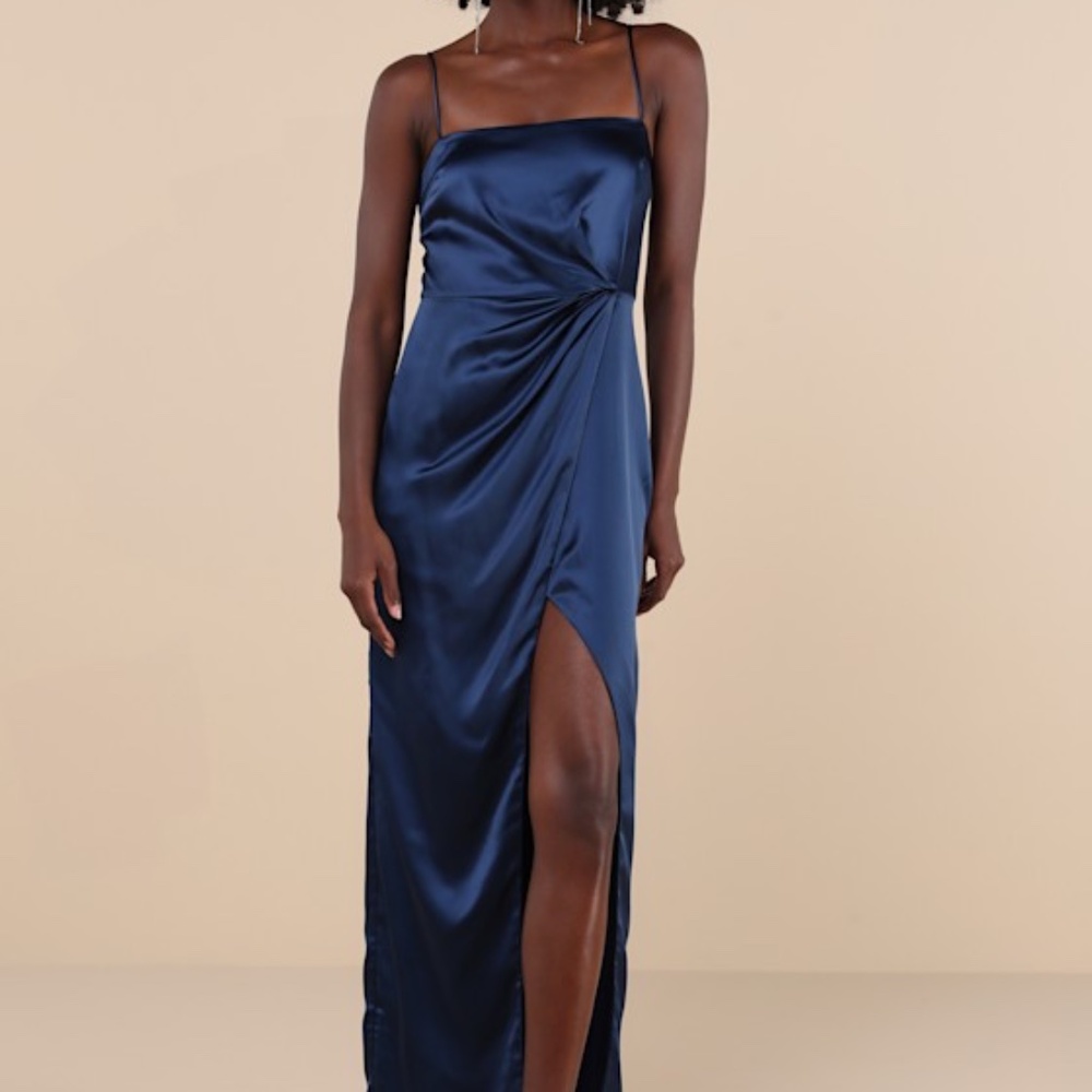 Navy Blue Satin Pleated Tulip Maxi Dress - Size L